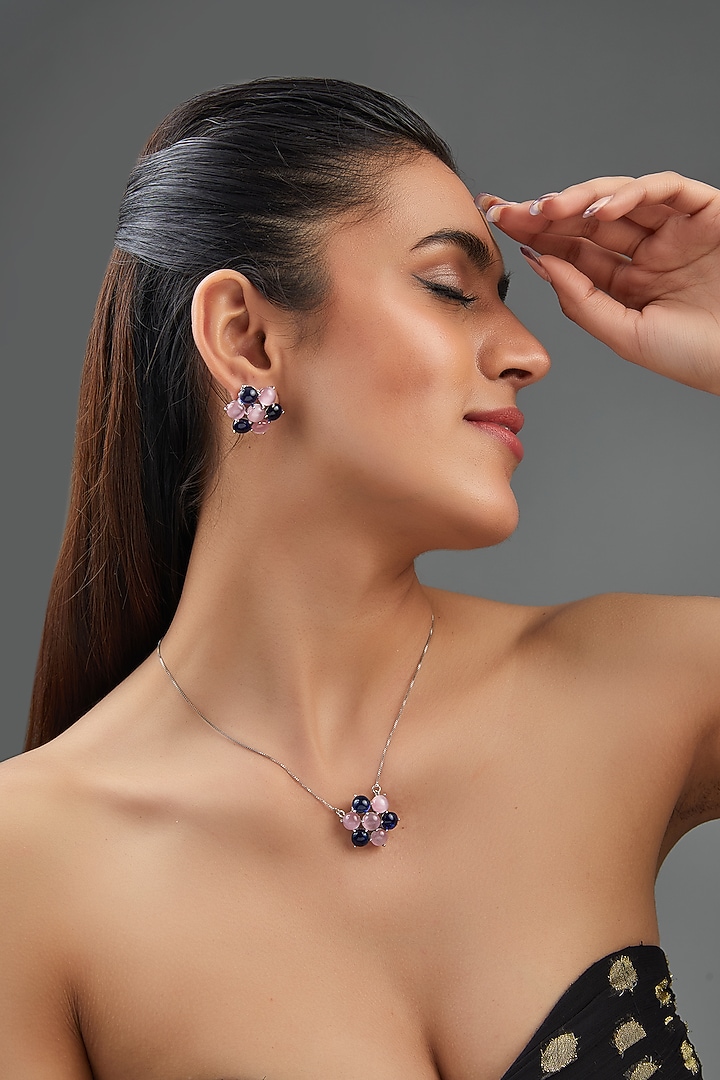 White Finish Multi-Colored Synthetic Stone Pendant Necklace Set by Johori at Pernia's Pop Up Shop