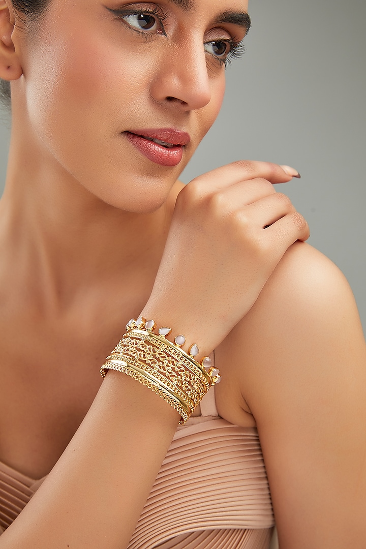 Gold Finish Pink Synthetic Stone Bracelet by Johori