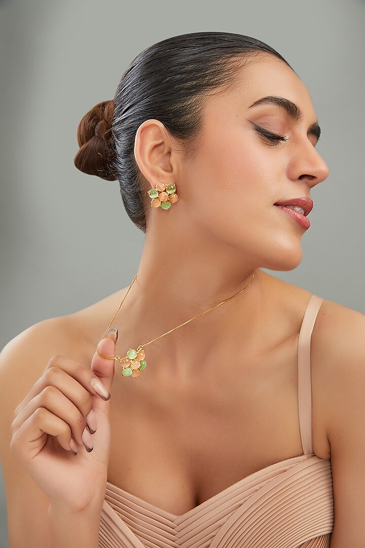 Gold Finish Multi-Colored Synthetic Stone Pendant Necklace Set by Johori at Pernia's Pop Up Shop
