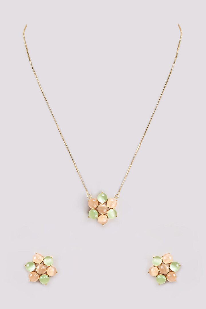 Gold Finish Multi-Colored Synthetic Stone Pendant Necklace Set by Johori at Pernia's Pop Up Shop