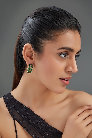 Gold Finish Emerald Synthetic Hoop Earrings by Johori