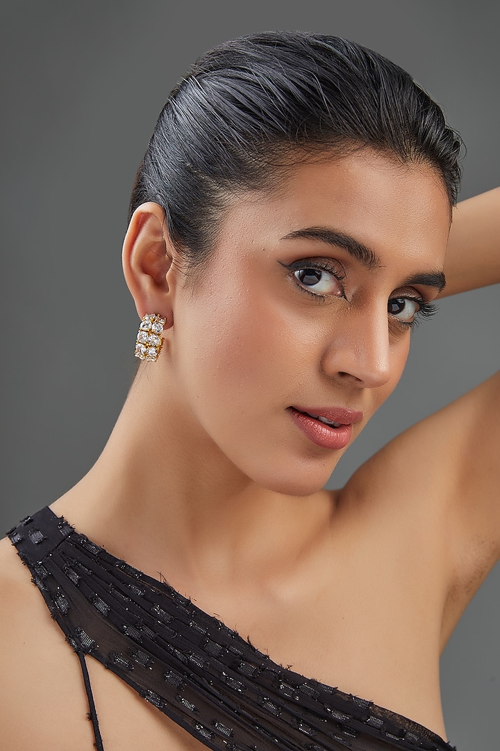 Gold Finish White Synthetic Stone Hoop Earrings by Johori at Pernia's Pop Up Shop