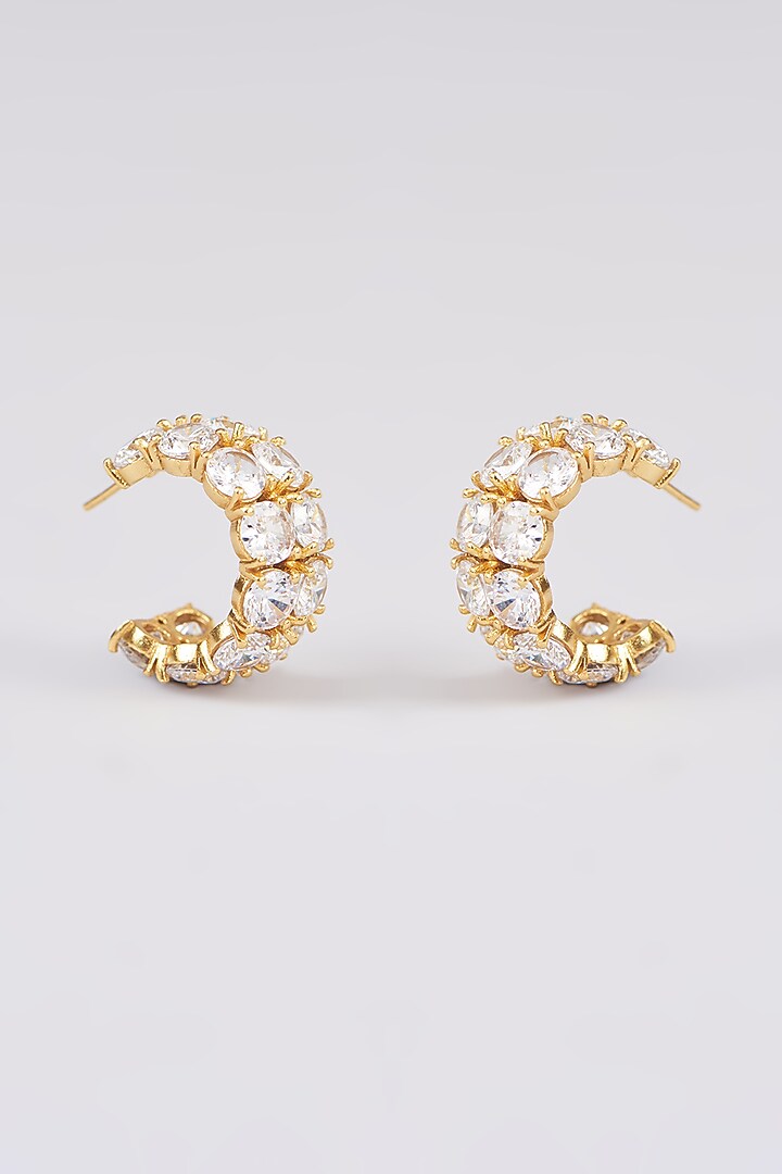Gold Finish White Synthetic Stone Hoop Earrings by Johori at Pernia's Pop Up Shop
