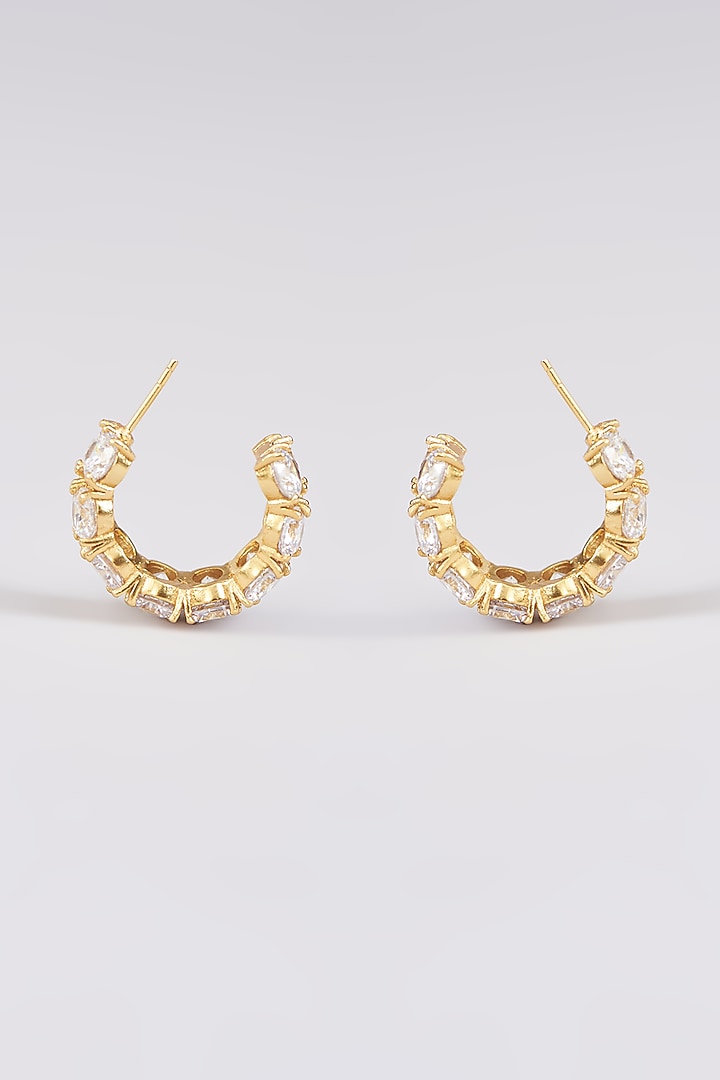 Gold Finish White Synthetic Stone Hoop Earrings by Johori at Pernia's Pop Up Shop