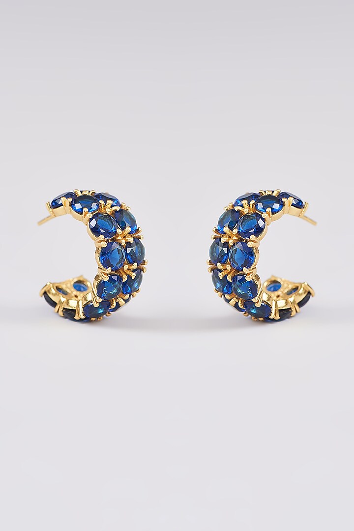 Gold Finish Blue Synthetic Stone Hoop Earrings by Johori at Pernia's Pop Up Shop