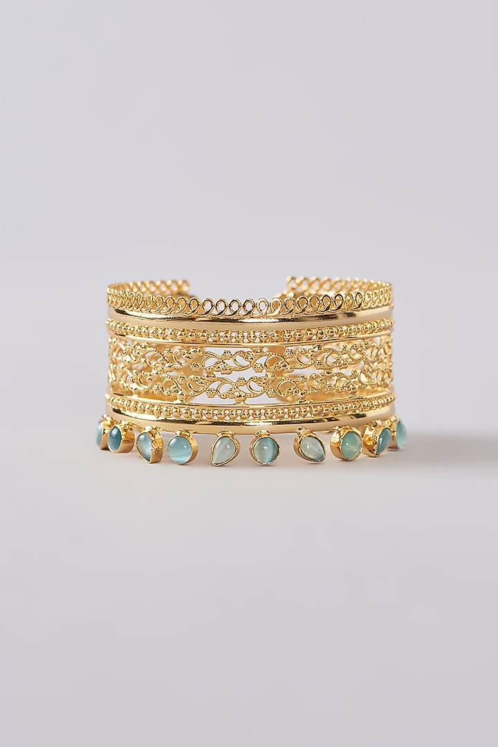 Gold Finish Mint Green Synthetic Stone Bracelet by Johori at Pernia's Pop Up Shop