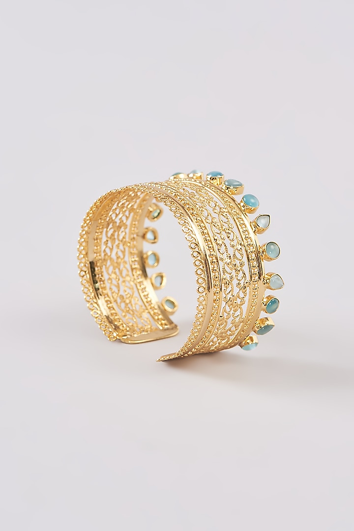 Gold Finish Mint Green Synthetic Stone Bracelet by Johori at Pernia's Pop Up Shop