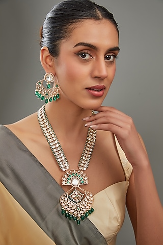 Gold Finish Kundan Polki & Green Stone Long Necklace Set by Johori