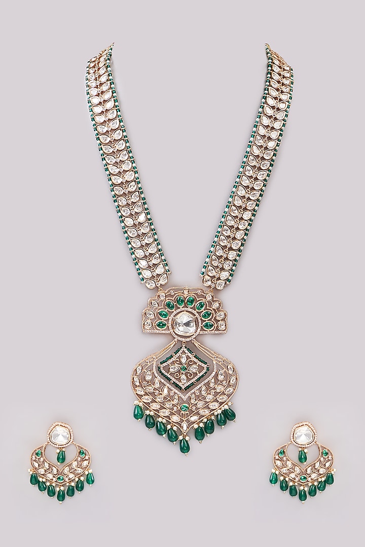 Gold Finish Kundan Polki & Green Stone Long Necklace Set by Johori at Pernia's Pop Up Shop