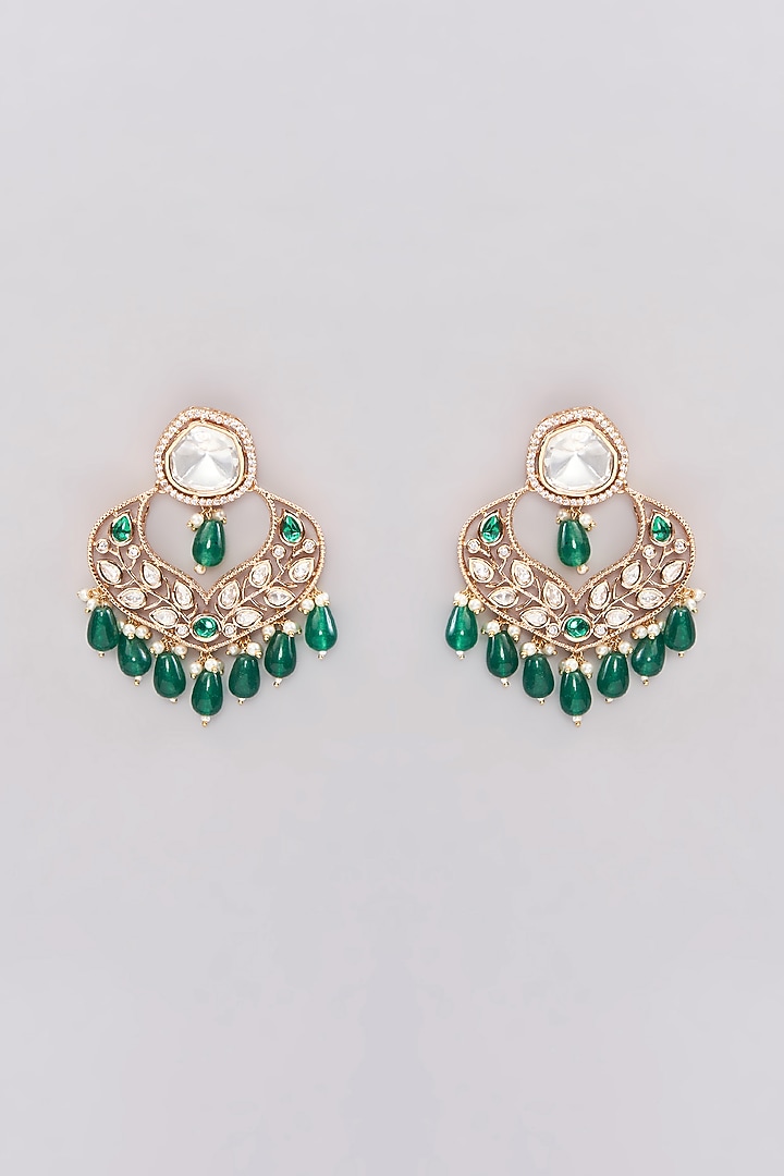 Gold Finish Kundan Polki & Green Stone Long Necklace Set by Johori at Pernia's Pop Up Shop