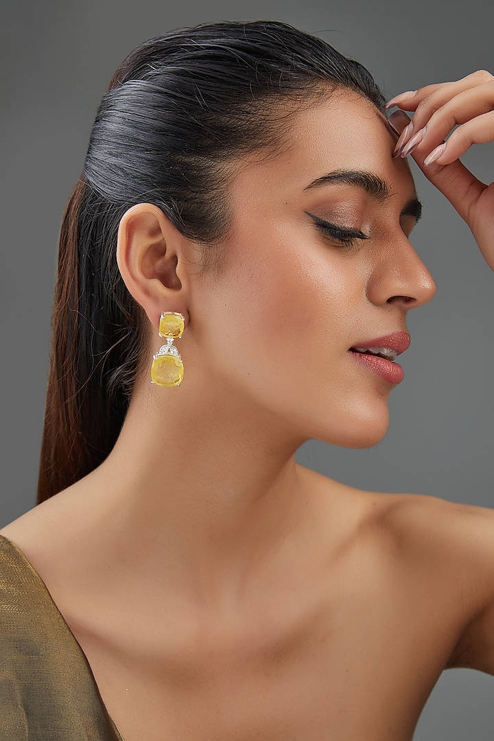 White Finish Yellow Doublet Stone Dangler Earrings by Johori at Pernia's Pop Up Shop