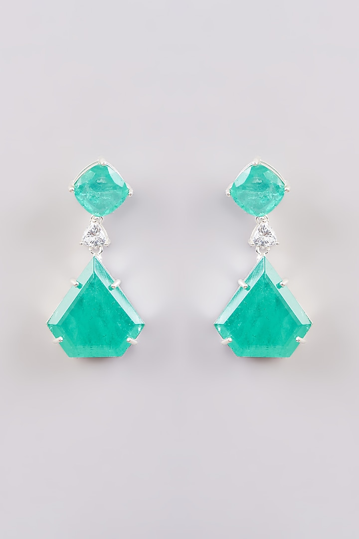 White Finish Zircon & Russian Emerald Doublet Stone Dangler Earrings by Johori at Pernia's Pop Up Shop