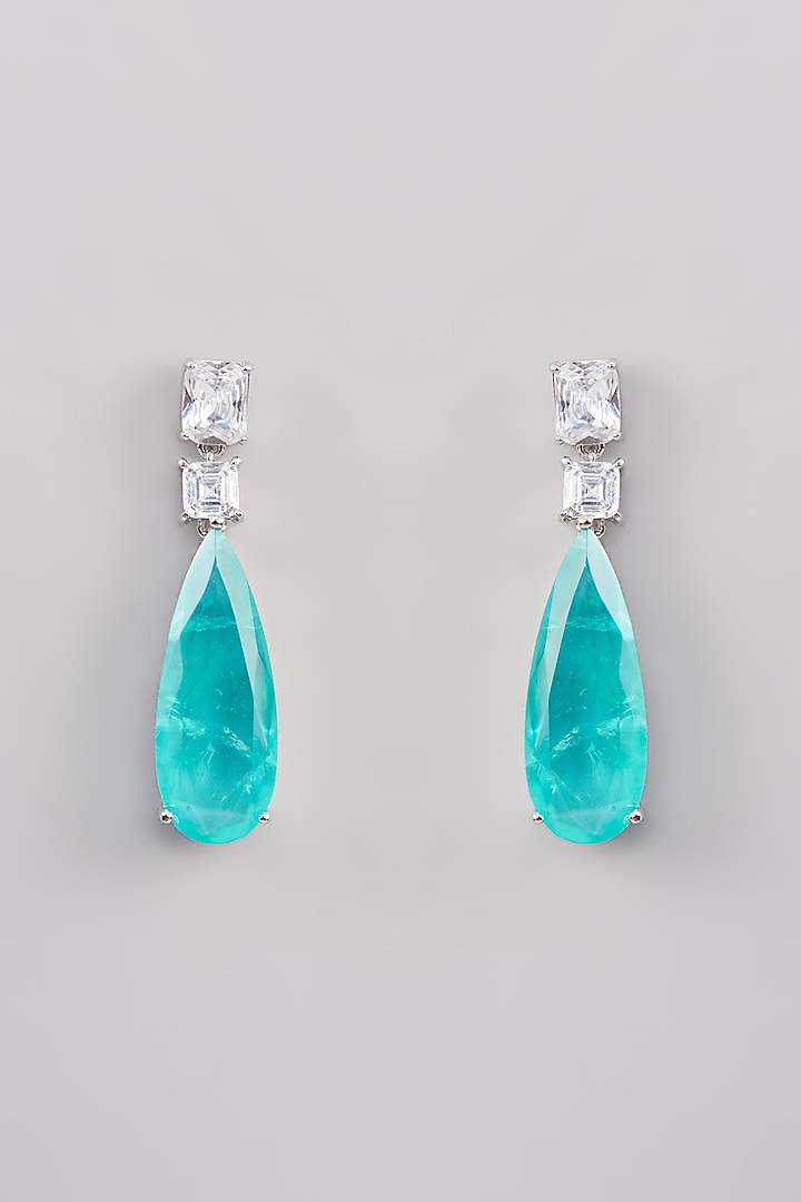 White Finish Zircon & Aqua Doublet Stone Dangler Earrings by Johori at Pernia's Pop Up Shop