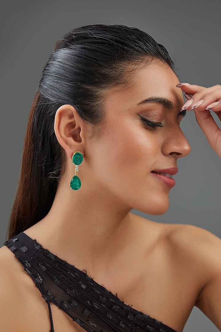 Gold Finish Emerald Green Doublet Stone Dangler Earrings by Johori at Pernia's Pop Up Shop