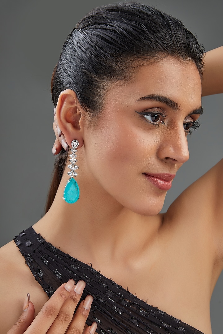 White Finish Zircon & Aqua Doublet Stone Dangler Earrings by Johori at Pernia's Pop Up Shop