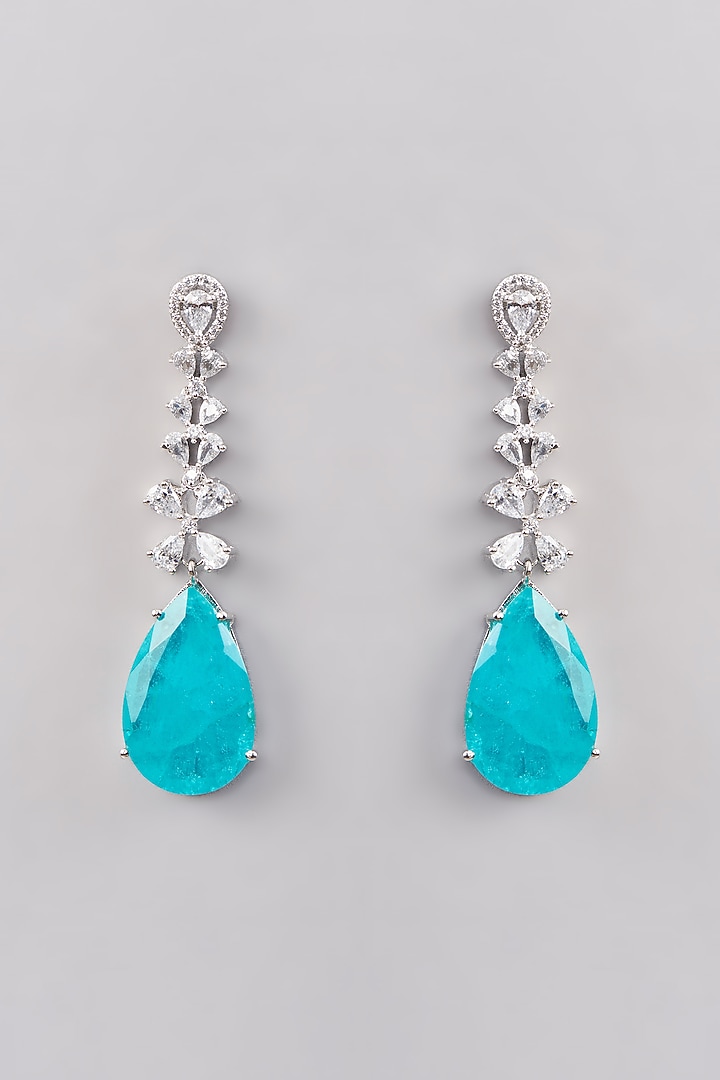 White Finish Zircon & Aqua Doublet Stone Dangler Earrings by Johori at Pernia's Pop Up Shop