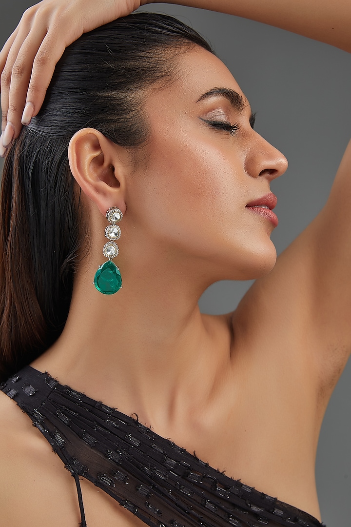 Two Tone Finish Emerald Green Doublet Stone & Kundan Polki Dangler Earrings by Johori