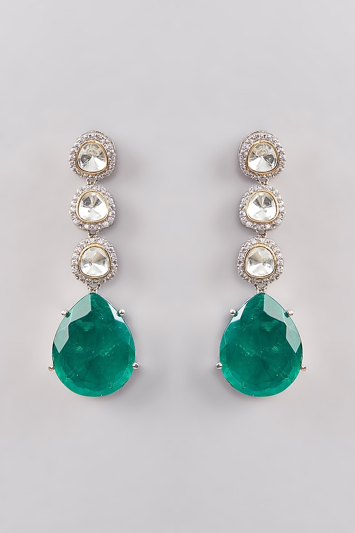 Two Tone Finish Emerald Green Doublet Stone & Kundan Polki Dangler Earrings by Johori at Pernia's Pop Up Shop