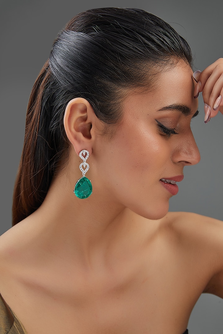 White Finish Zircon & Emerald Green Doublet Stone Dangler Earrings by Johori