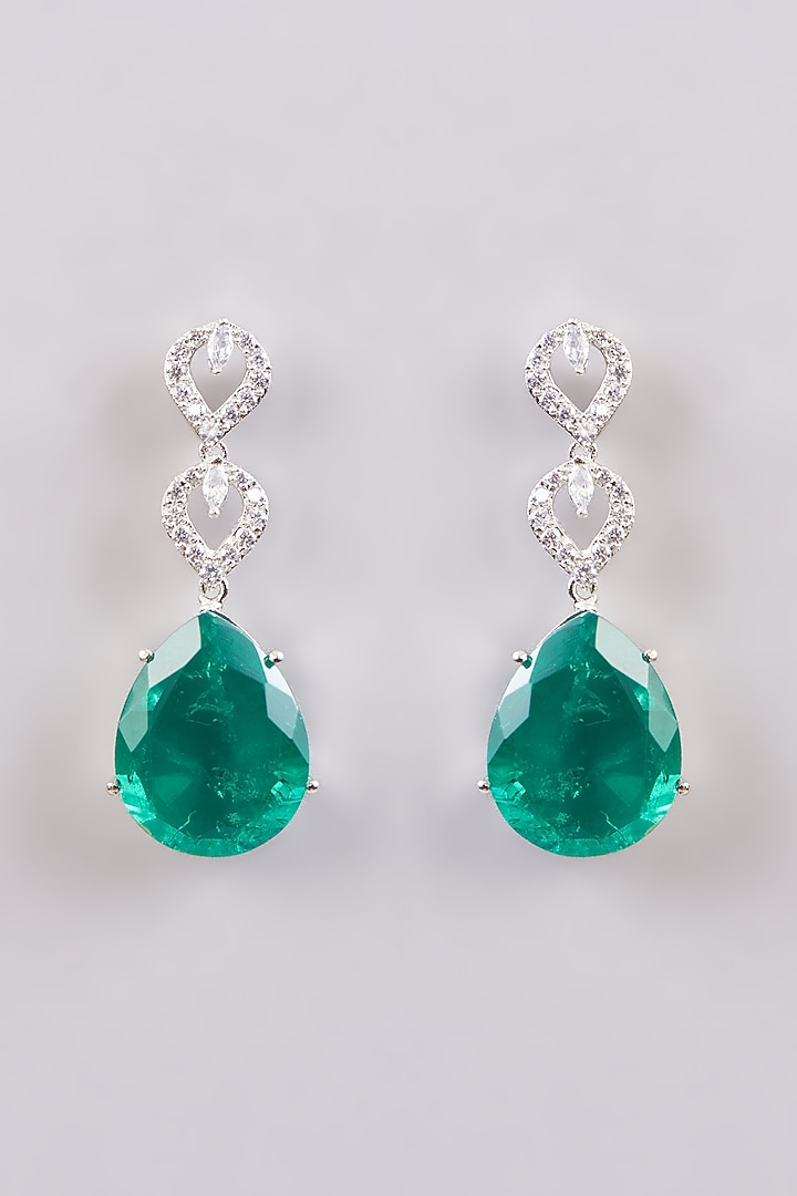 White Finish Zircon & Emerald Green Doublet Stone Dangler Earrings by Johori at Pernia's Pop Up Shop