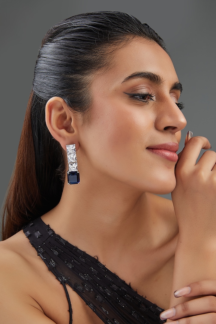 White Finish Zircon & Blue Sapphire Stone Dangler Earrings by Johori at Pernia's Pop Up Shop