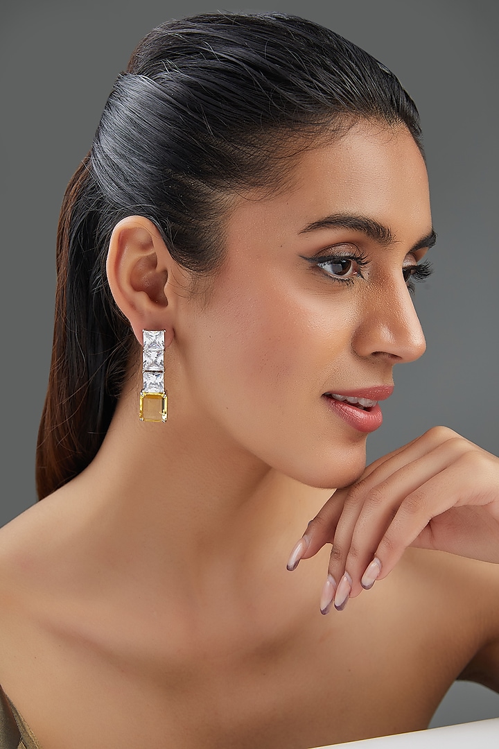 White Finish Zircon & Yellow Sapphire Stone Dangler Earrings by Johori