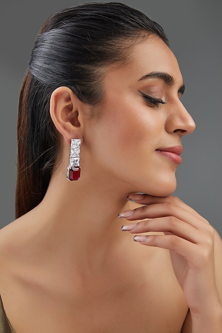 White Finish Zircon & Ruby Stone Dangler Earrings by Johori