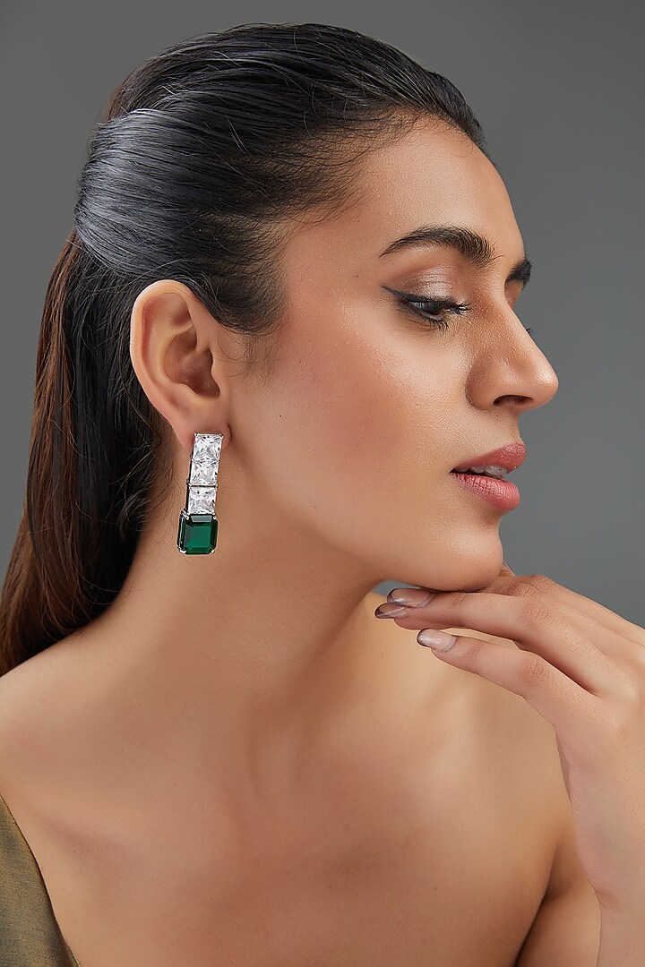 White Finish Zircon & Emerald Stone Dangler Earrings by Johori