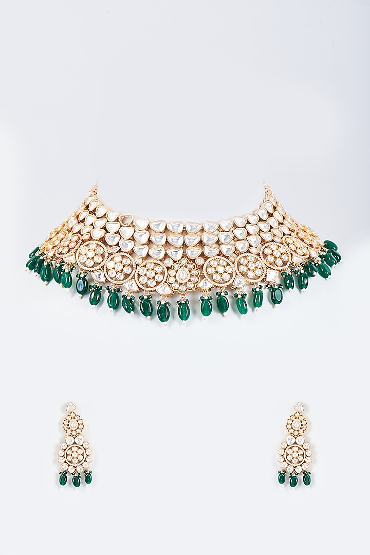Gold Finish Kundan Polki & Green Stone Choker Necklace Set by Johori