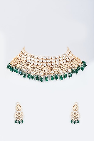 Gold Finish Kundan Polki & Green Stone Choker Necklace Set by Johori