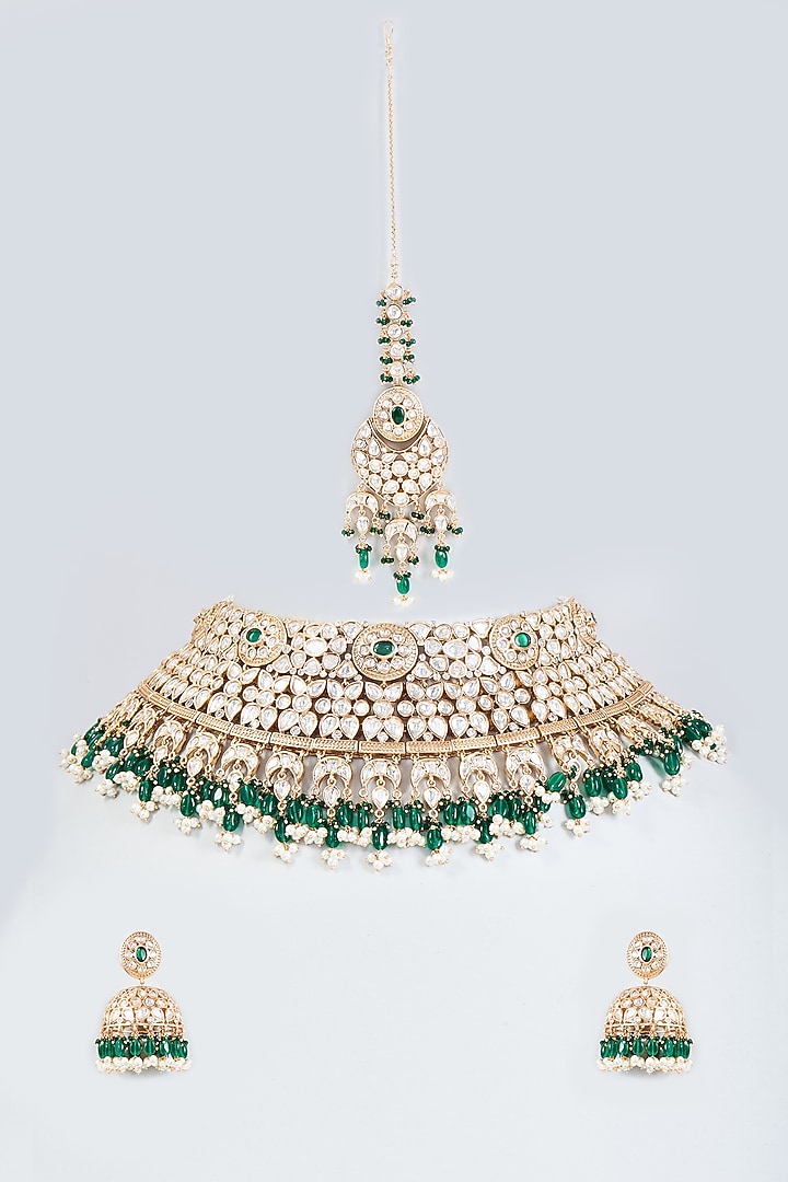 Gold Finish Kundan Polki & Green Beaded Choker Necklace Set by Johori at Pernia's Pop Up Shop