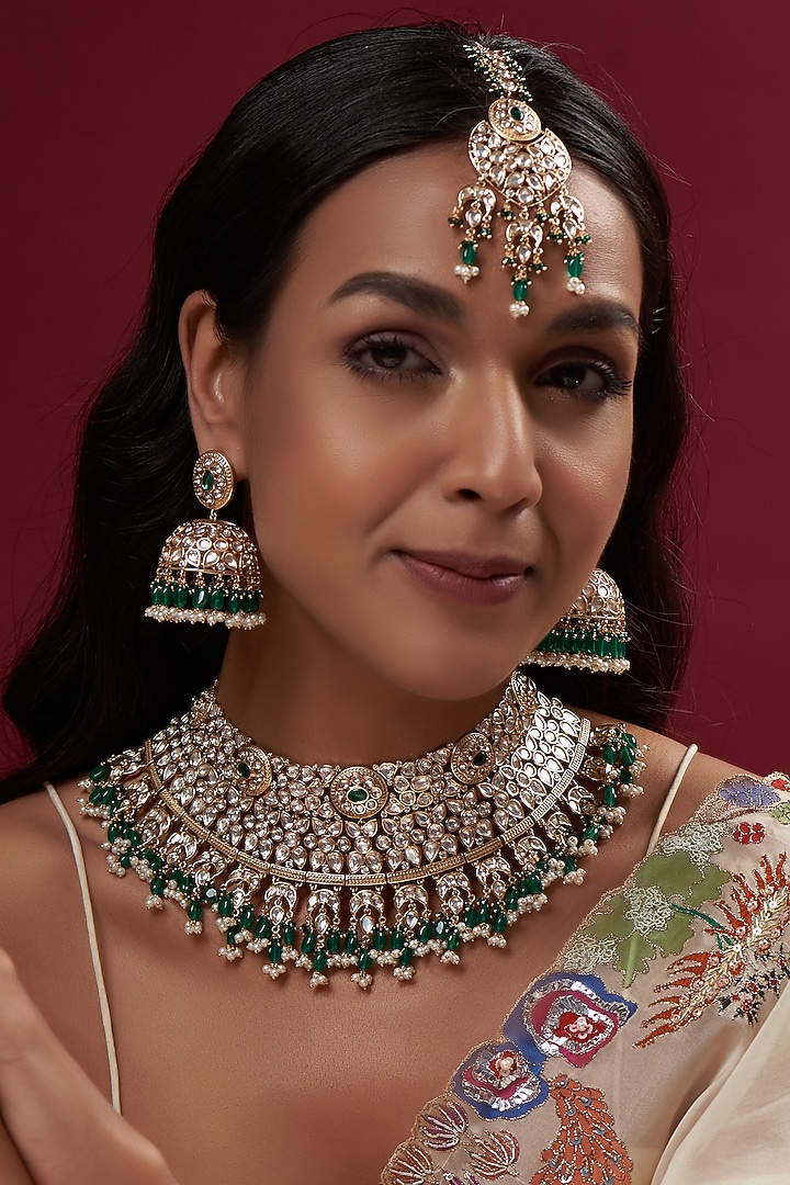 Gold Finish Kundan Polki & Green Beaded Choker Necklace Set by Johori at Pernia's Pop Up Shop