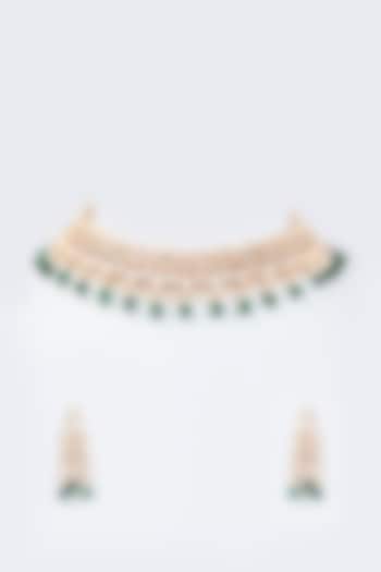 Gold Finish Kundan Polki & Emerald Choker Necklace Set by Johori
