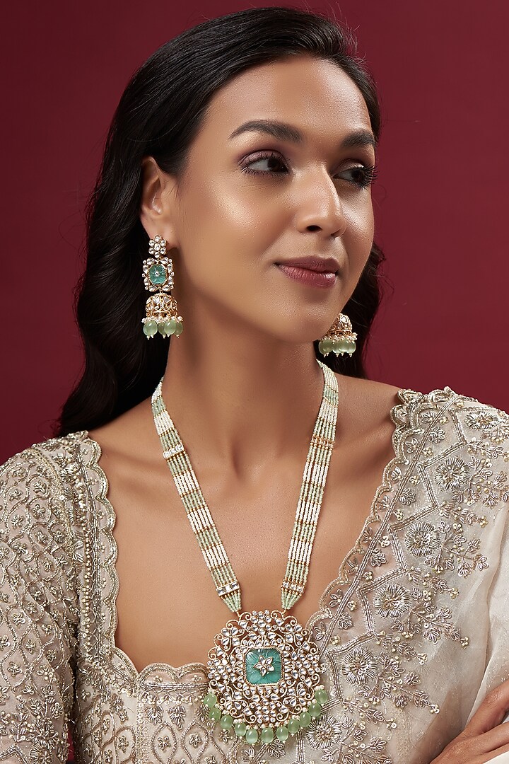 Gold Finish Kundan Polki & Mint Beaded Long Necklace Set by Johori at Pernia's Pop Up Shop