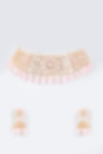 Gold Finish Pink Kundan Polki Choker Necklace Set by Johori at Pernia's Pop Up Shop