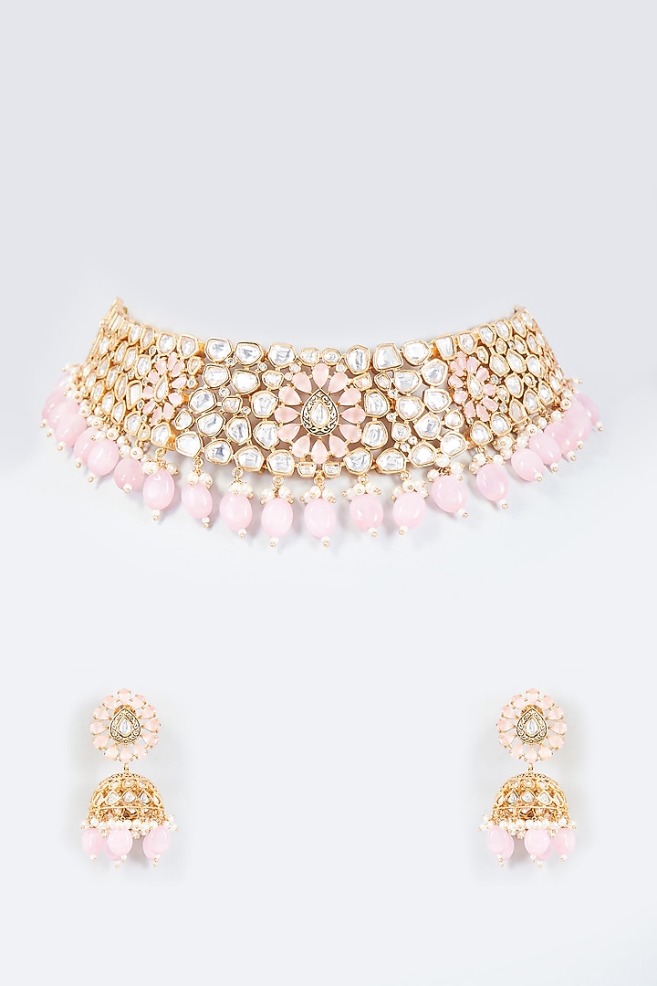 Gold Finish Pink Kundan Polki Choker Necklace Set by Johori at Pernia's Pop Up Shop