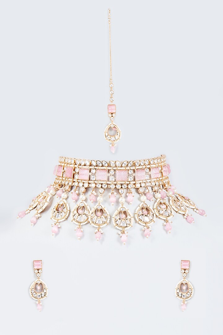 Gold Finish Pink Stone & Kundan Polki Choker Necklace Set by Johori at Pernia's Pop Up Shop