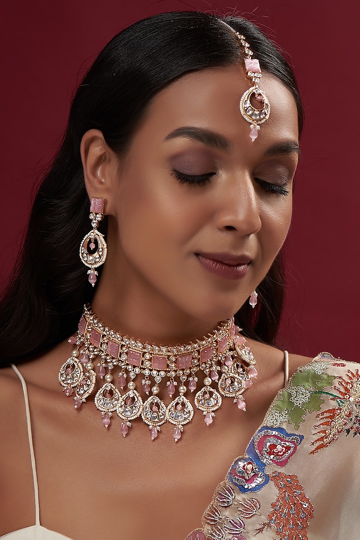 Gold Finish Pink Stone & Kundan Polki Choker Necklace Set by Johori