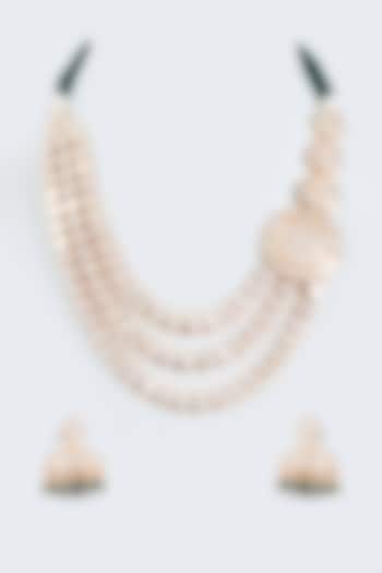 Gold Finish Kundan Polki & Green Beaded Long Necklace Set by Johori