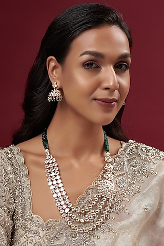 Gold Finish Kundan Polki & Green Beaded Long Necklace Set by Johori