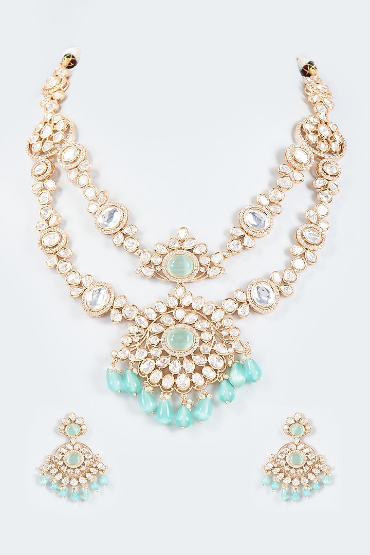 Gold Finish Kundan Polki & Mint Stone Long Necklace Set by Johori at Pernia's Pop Up Shop