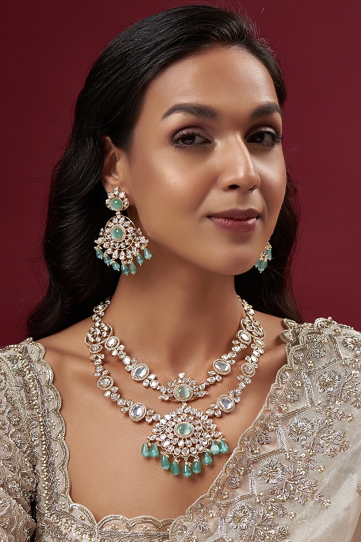 Gold Finish Kundan Polki & Mint Stone Long Necklace Set by Johori at Pernia's Pop Up Shop