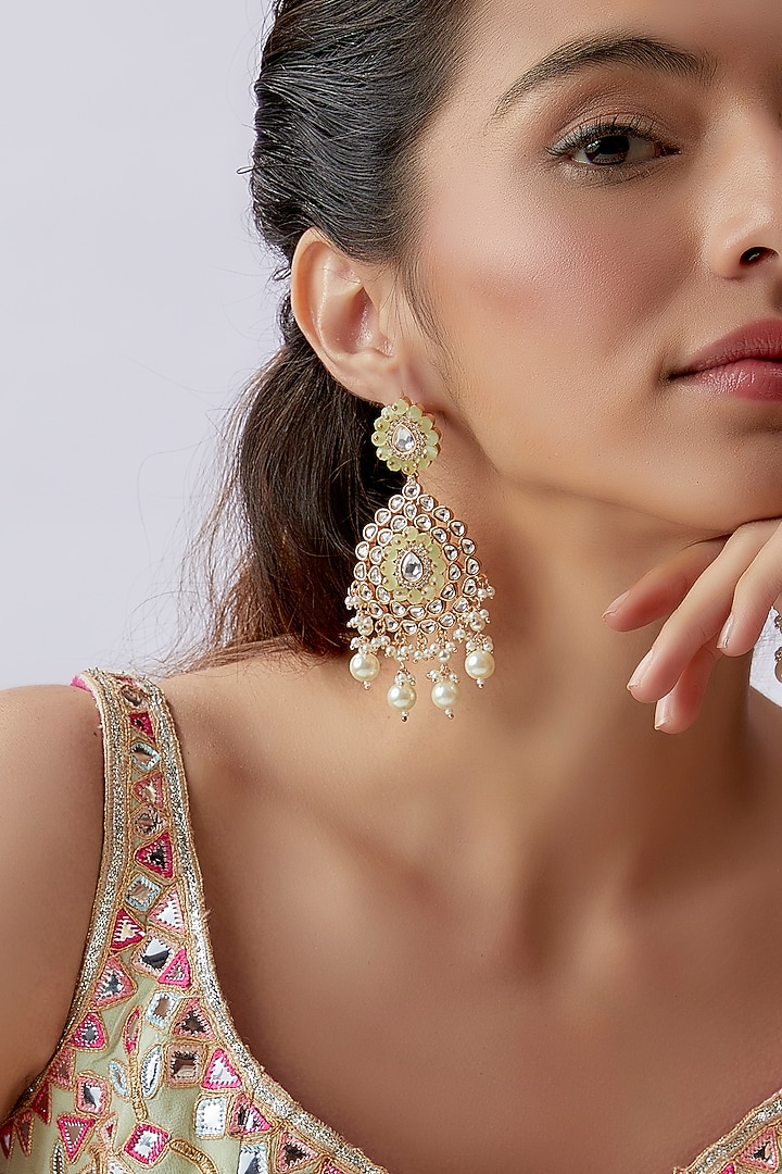 Gold Finish Kundan Polki Beaded Dangler Earrings by Johori at Pernia's Pop Up Shop