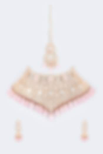 Gold Finish Pink Kundan Polki Choker Necklace Set by Johori
