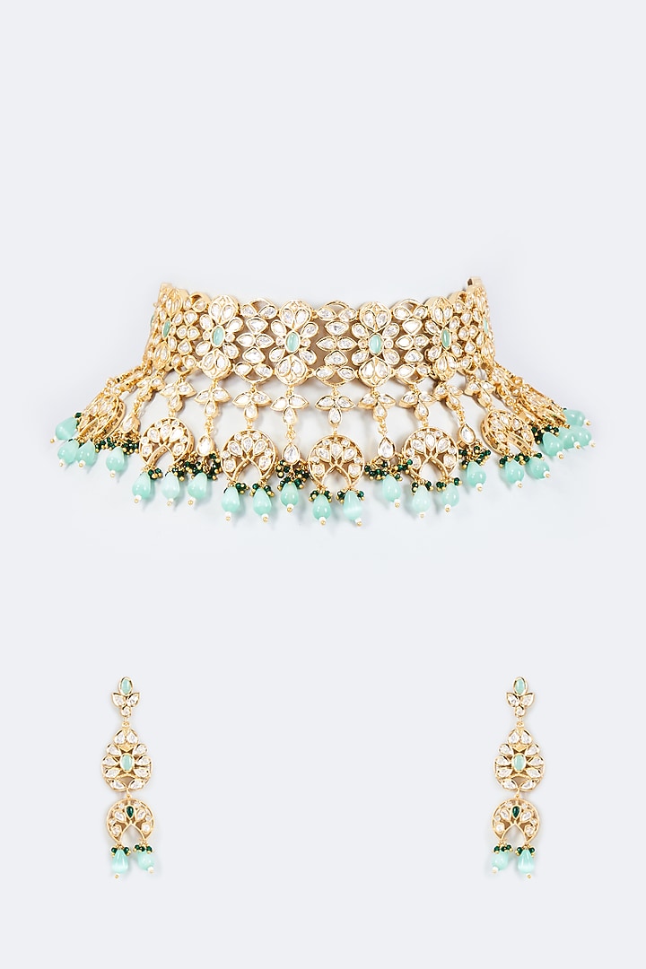 Gold Finish Mint Kundan Polki Choker Necklace Set by Johori at Pernia's Pop Up Shop