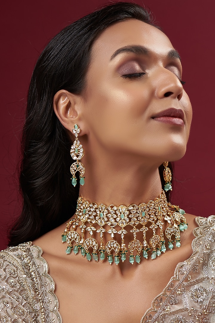 Gold Finish Mint Kundan Polki Choker Necklace Set by Johori at Pernia's Pop Up Shop