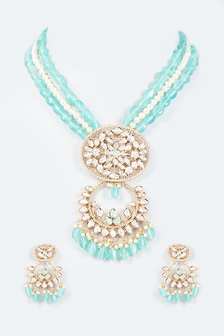 Gold Finish Kundan Polki & Aqua Beaded Long Necklace Set by Johori at Pernia's Pop Up Shop