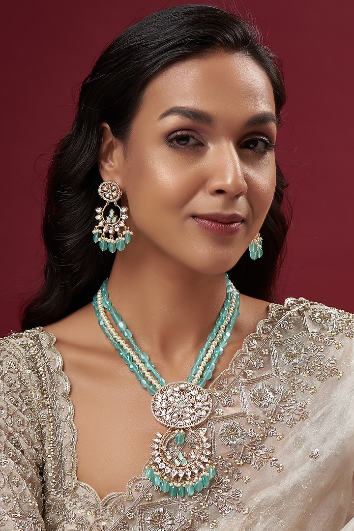 Gold Finish Kundan Polki & Aqua Beaded Long Necklace Set by Johori at Pernia's Pop Up Shop