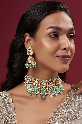 Gold Finish Kundan Polki & Mint Stone Choker Necklace Set by Johori