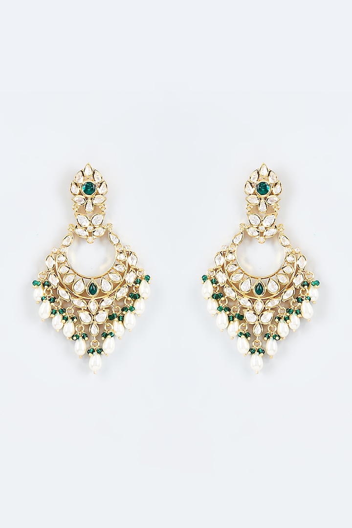 Gold Finish Kundan Polki & Green Stone Dangler Earrings by Johori